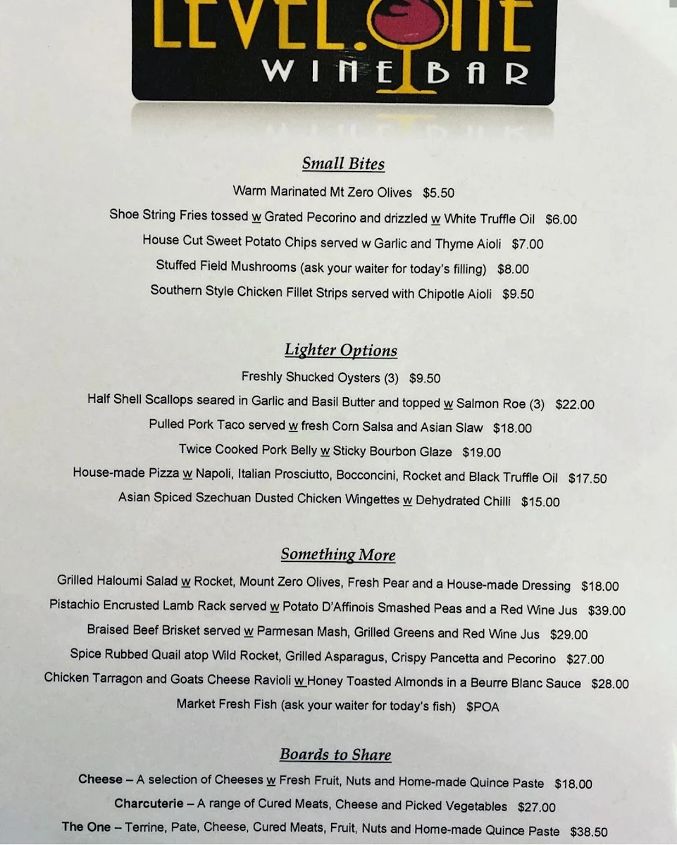 Menu, Level One Wine Bar & Restaurant