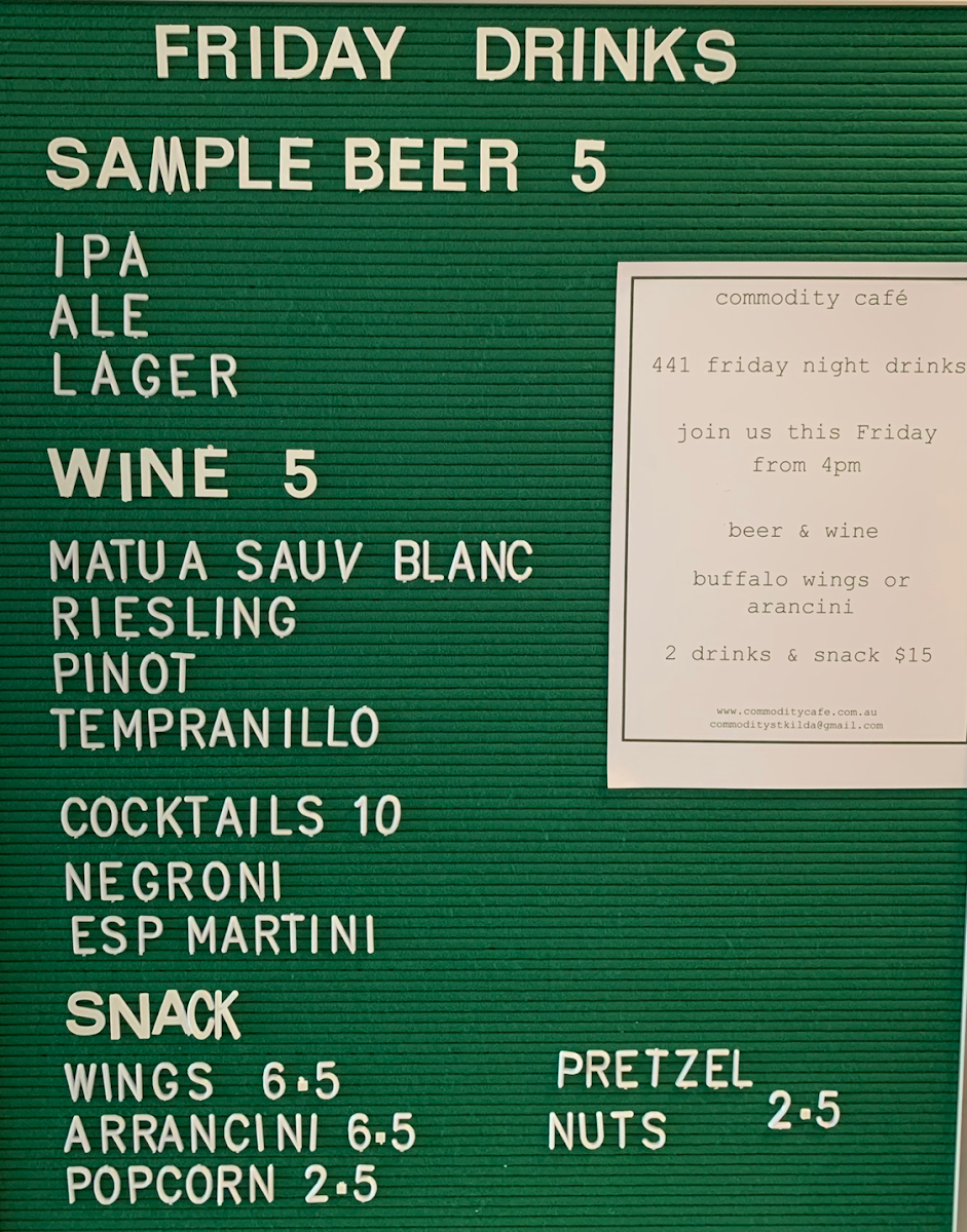 Menu, Commodity Cafe