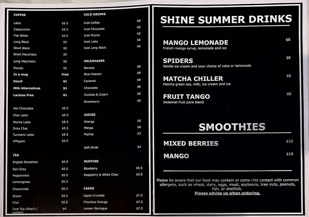 Menu, SHINE CAFE