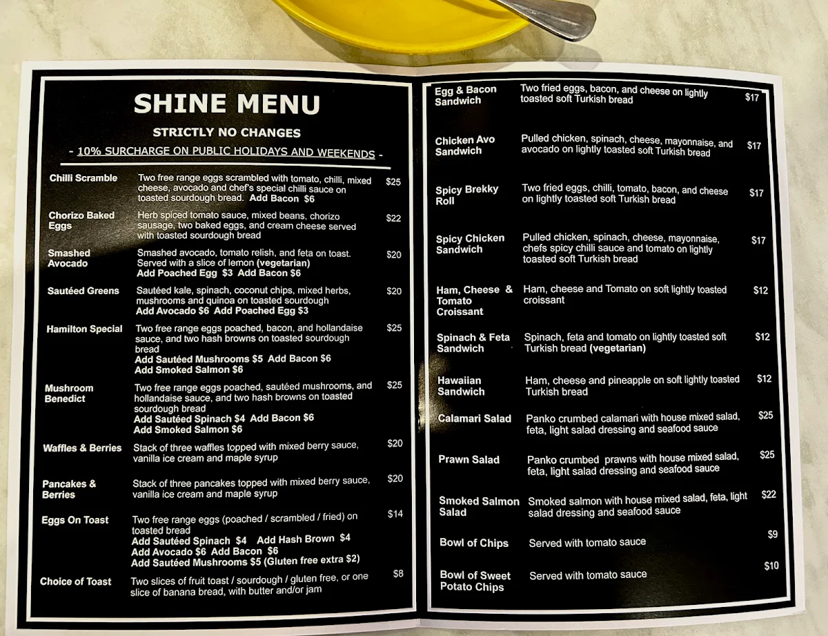 Menu, SHINE CAFE