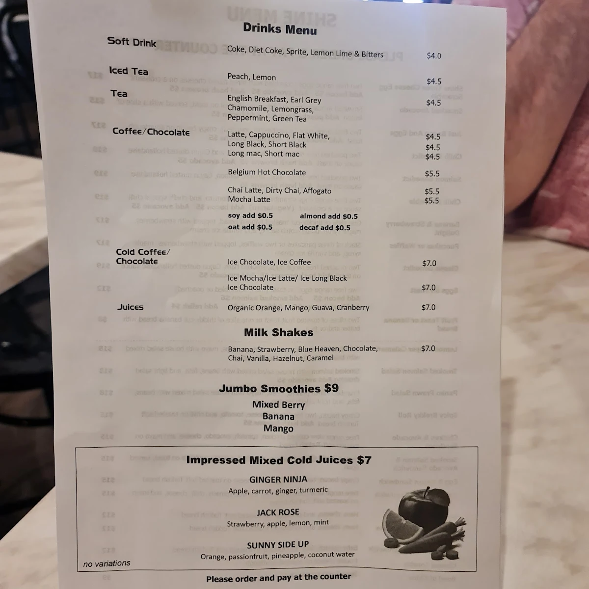 Menu, SHINE CAFE