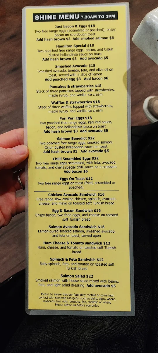 Menu, SHINE CAFE