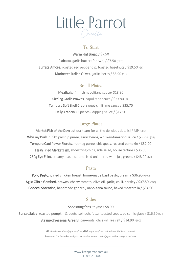 Menu, Little Parrot Cronulla