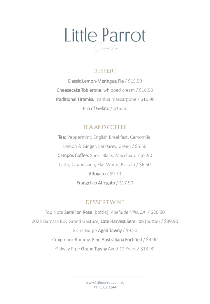 Menu, Little Parrot Cronulla