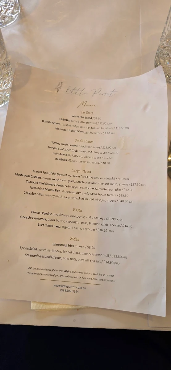 Menu, Little Parrot Cronulla