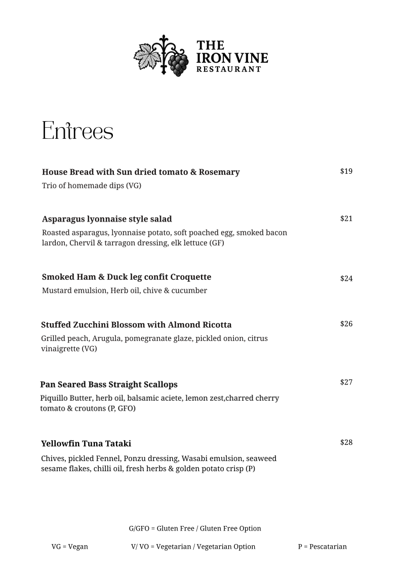 Menu, The Iron Vine Restaurant