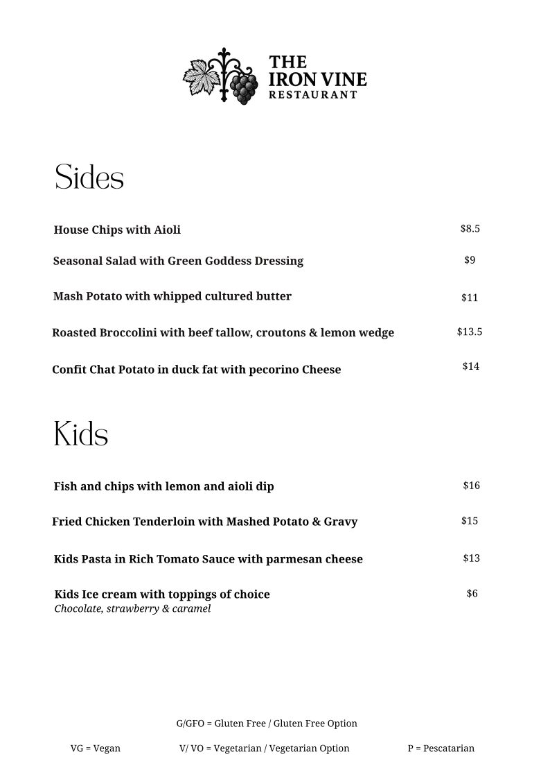 Menu, The Iron Vine Restaurant