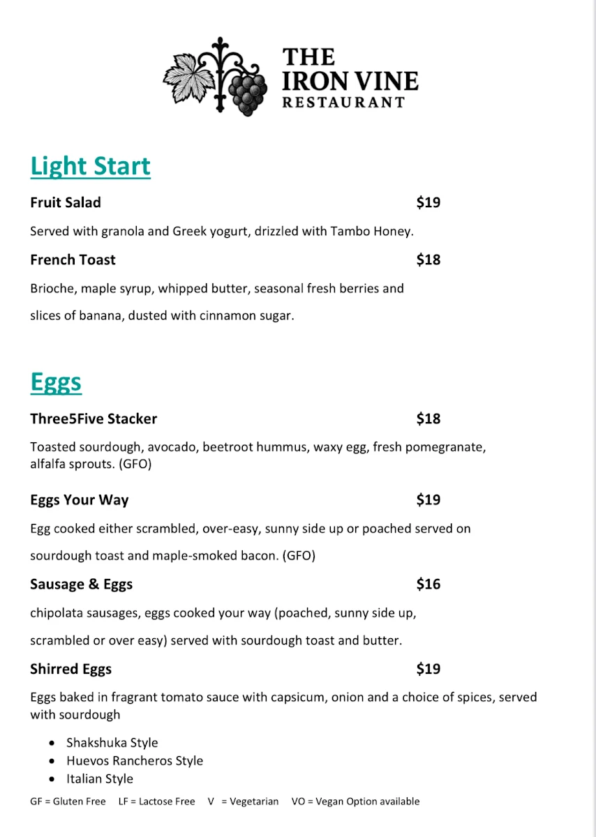 Menu, The Iron Vine Restaurant