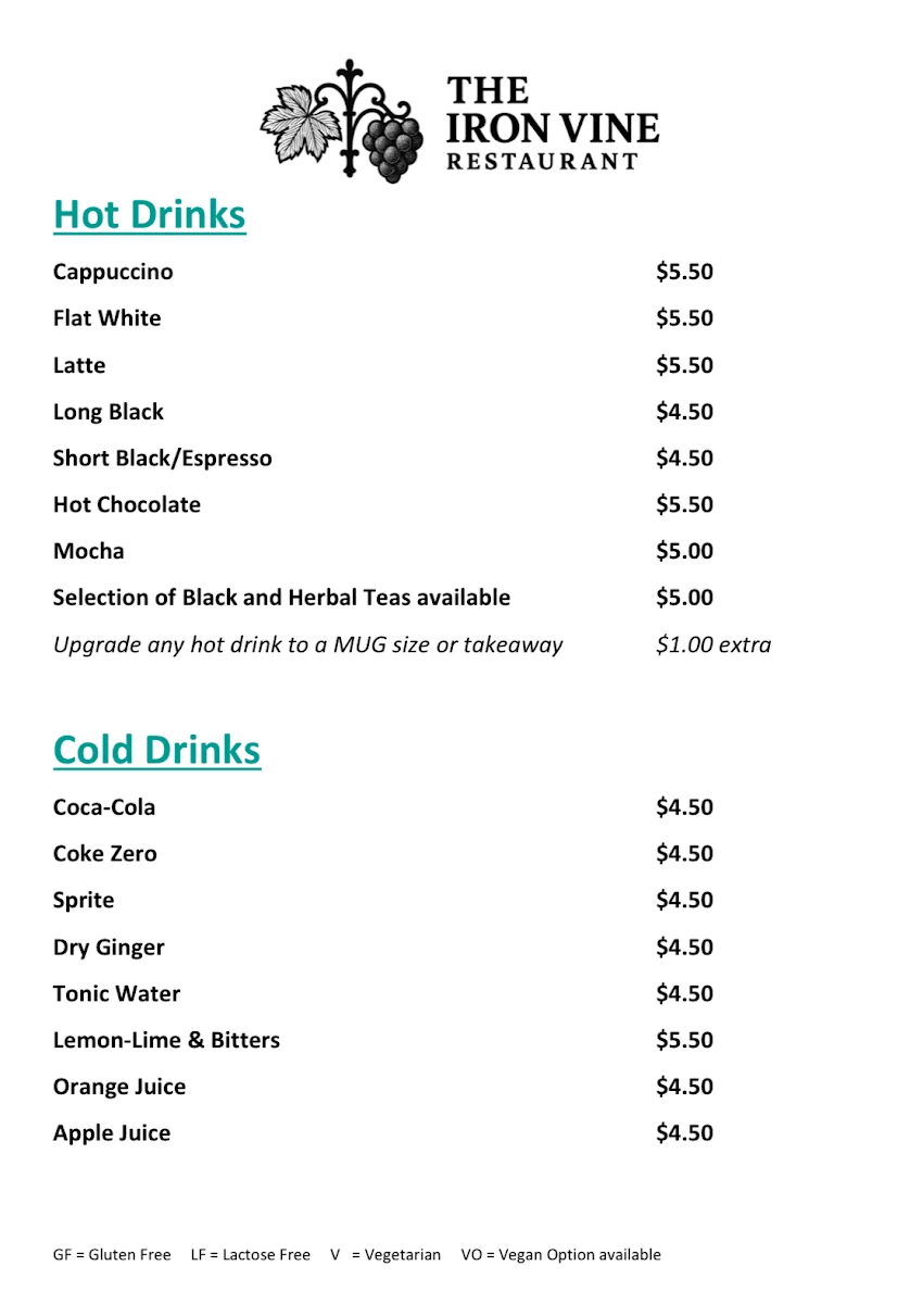 Menu, The Iron Vine Restaurant