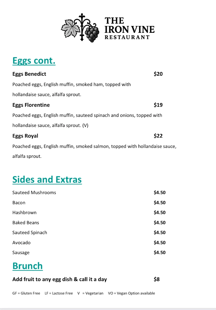 Menu, The Iron Vine Restaurant