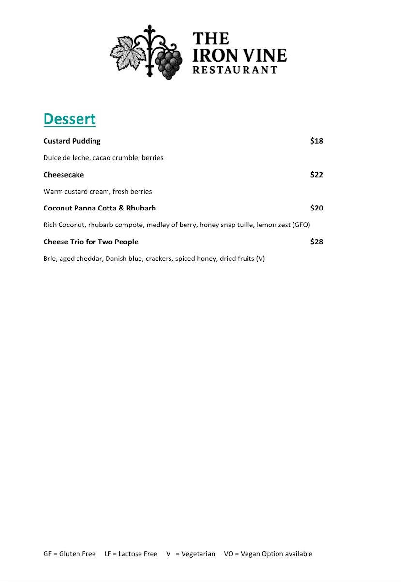 Menu, The Iron Vine Restaurant