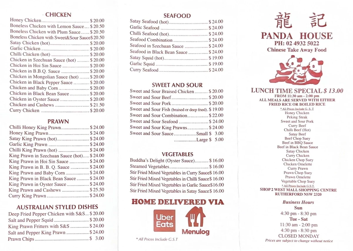 Menu, Panda House Chinese Take-Away Restaurant