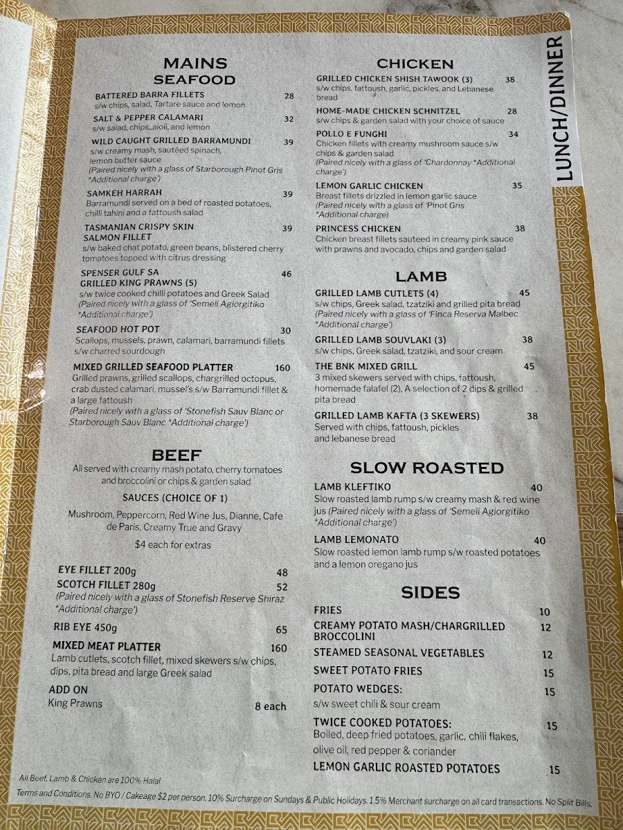 Menu, The BNK Cafe Restaurant