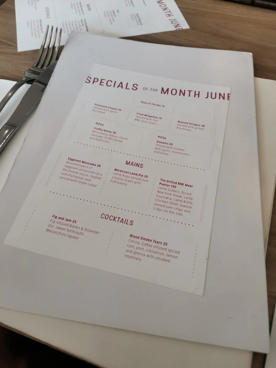 Menu, The BNK Cafe Restaurant