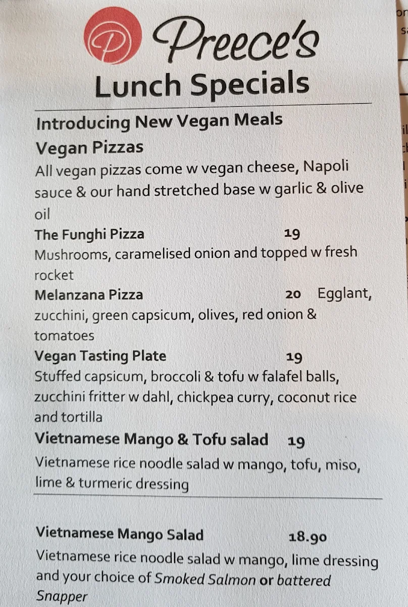 Menu, Preece's