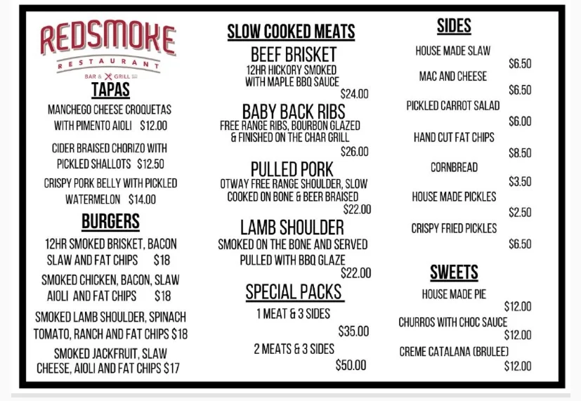 Menu, Red Smoke Bendigo