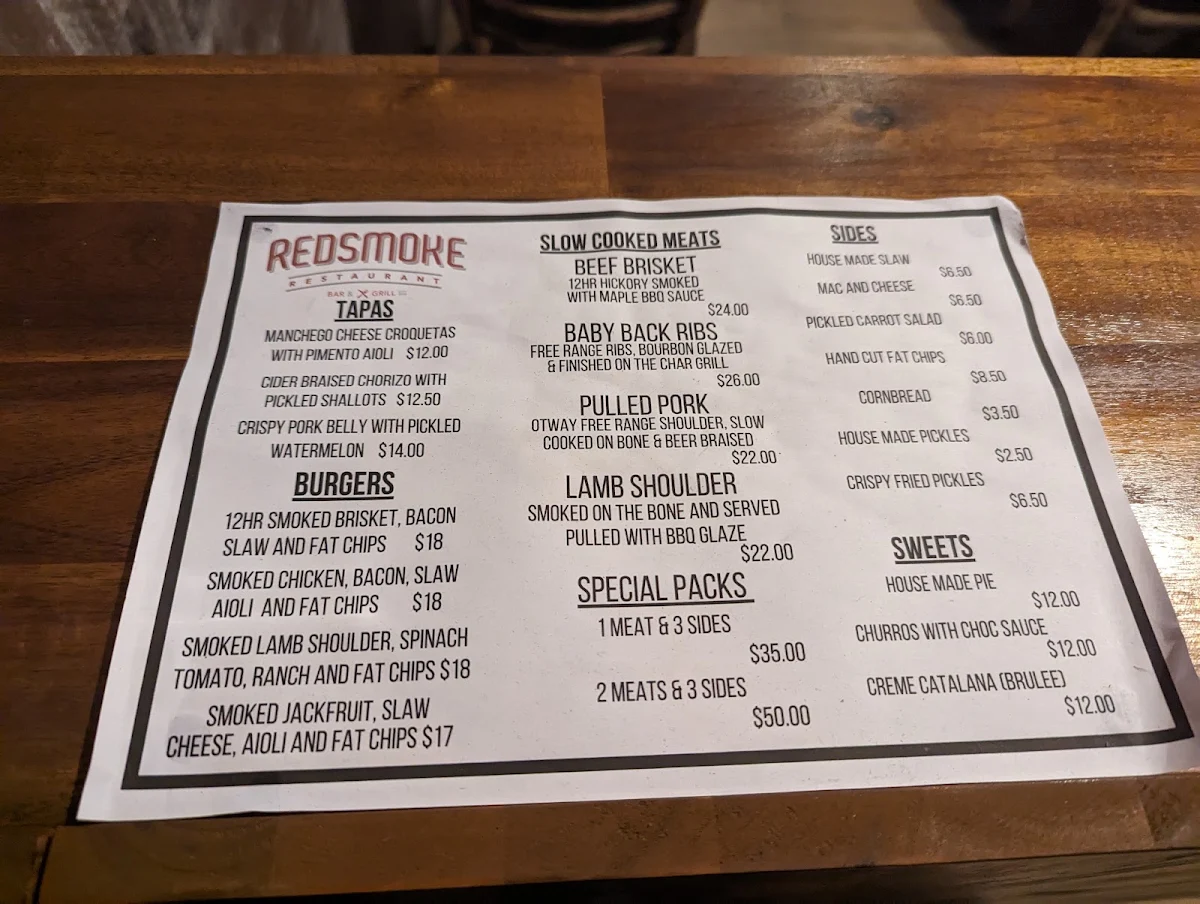 Menu, Red Smoke Bendigo