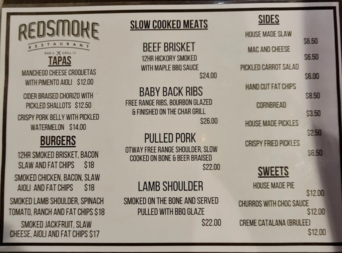Menu, Red Smoke Bendigo