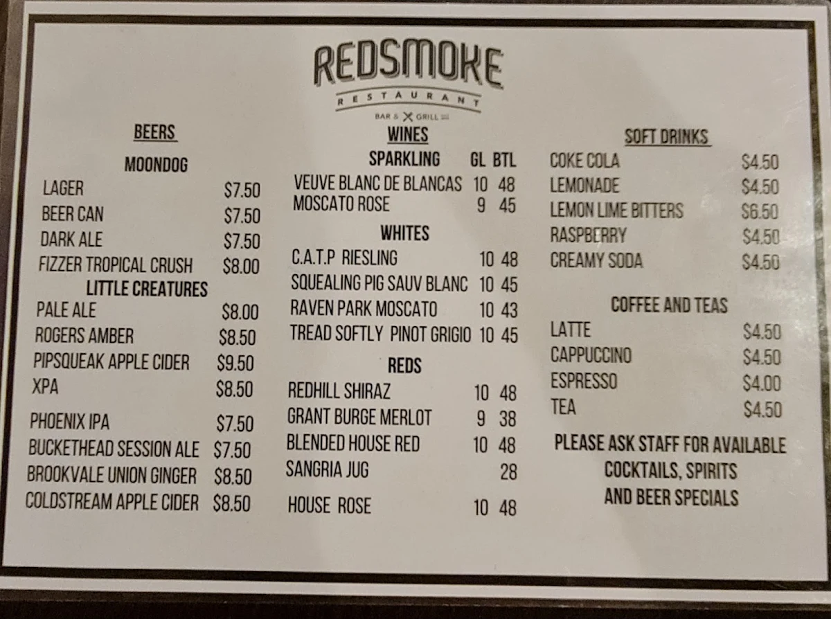 Menu, Red Smoke Bendigo