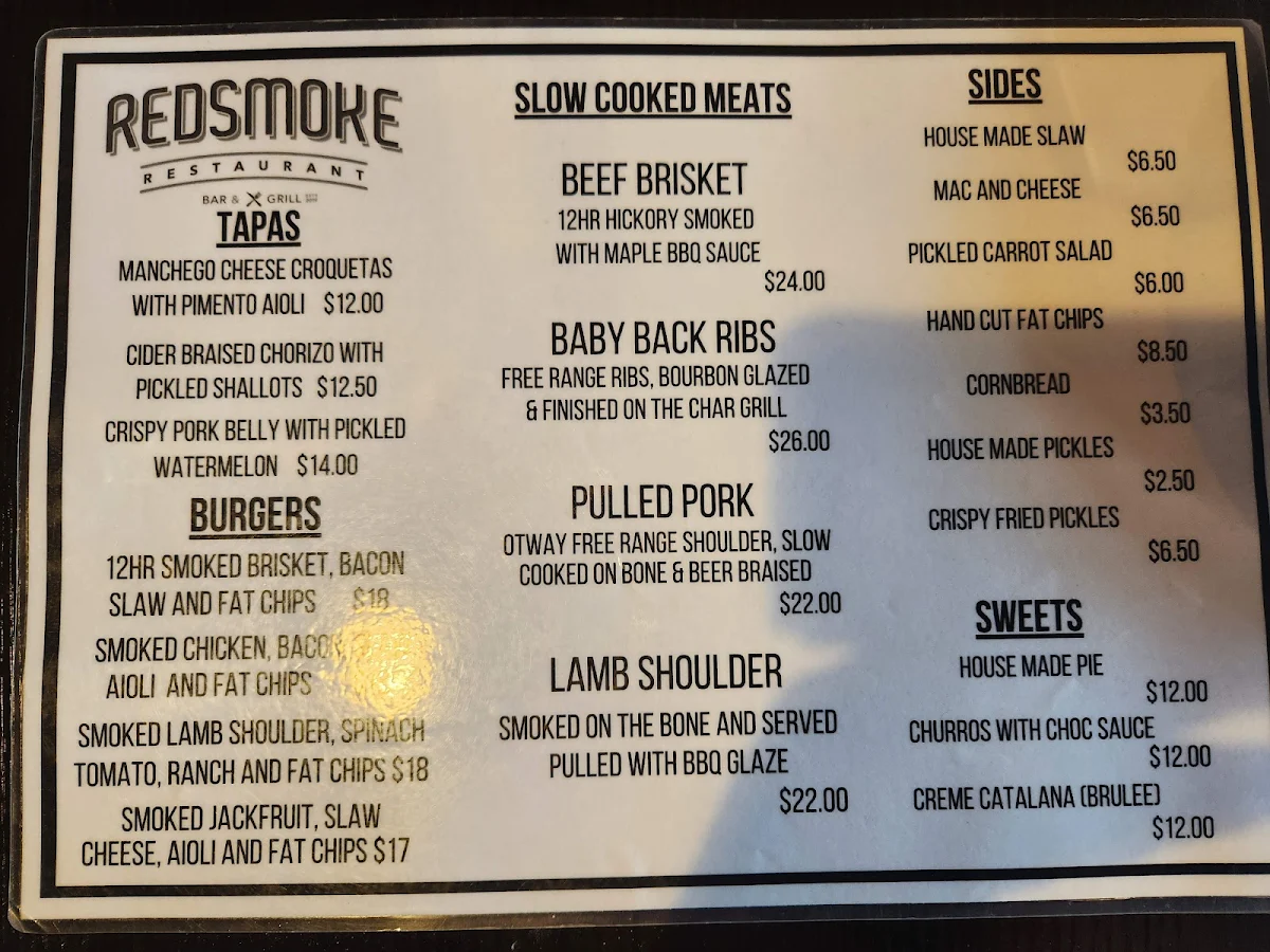 Menu, Red Smoke Bendigo