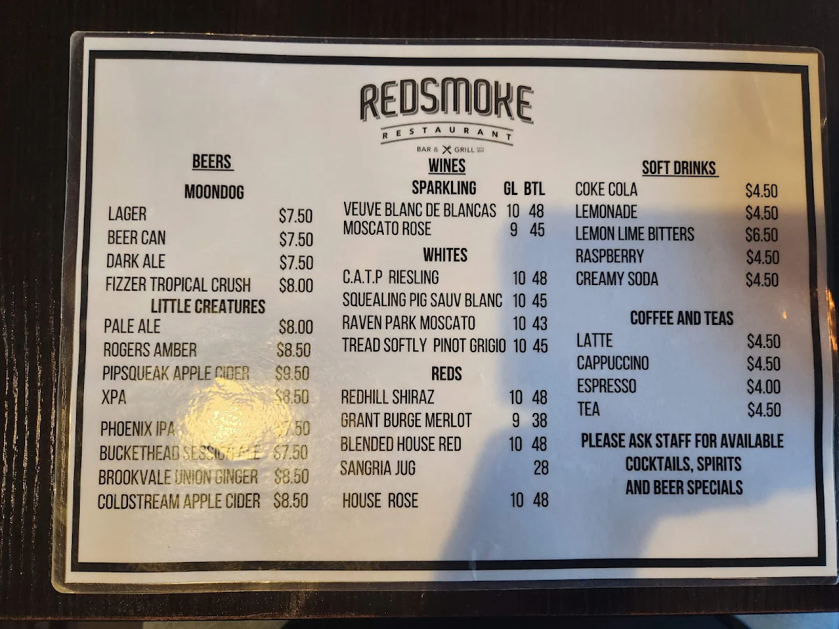 Menu, Red Smoke Bendigo