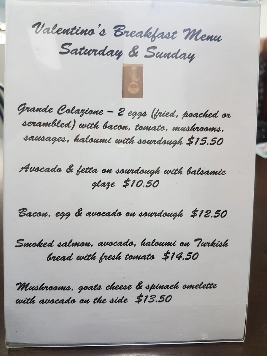 Menu, Valentino's Cafe