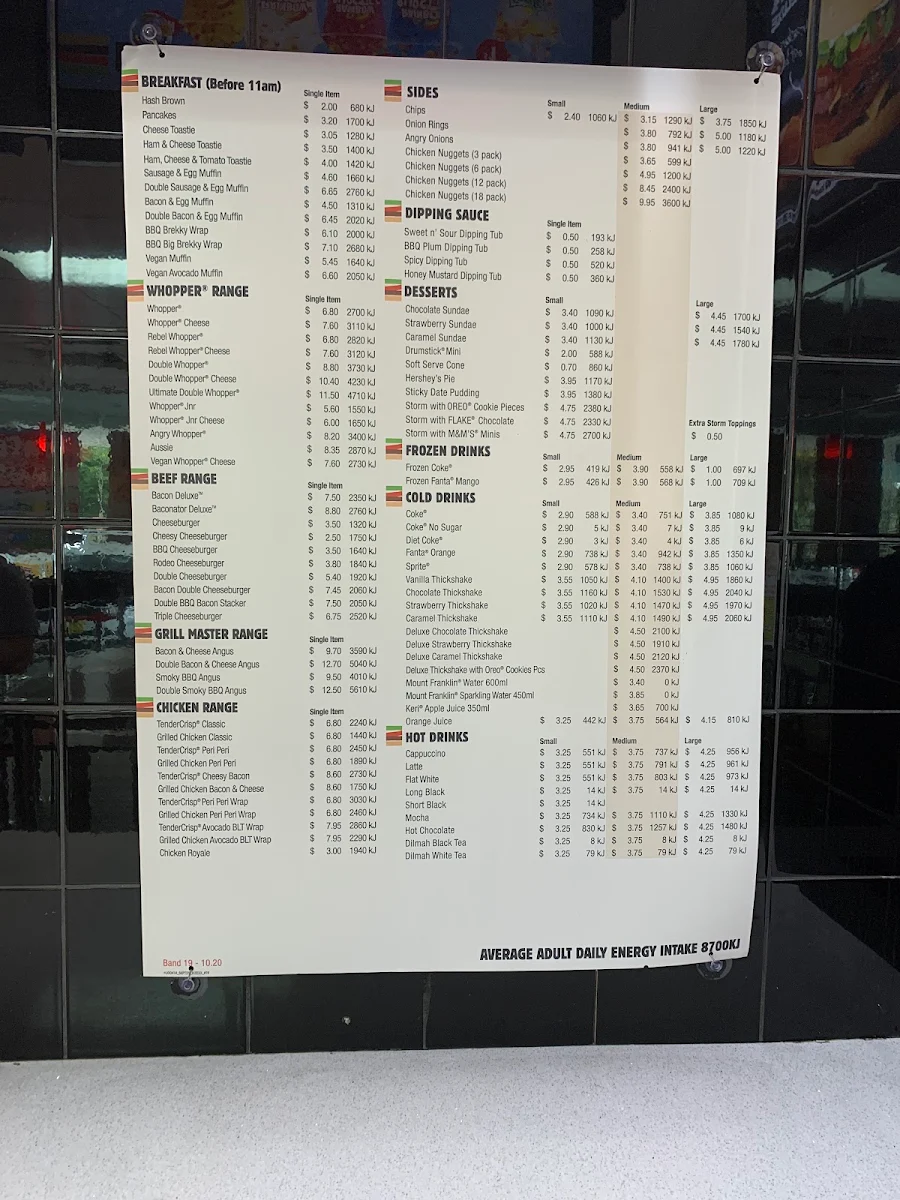 Menu, Hungry Jack's Burgers Moore Park
