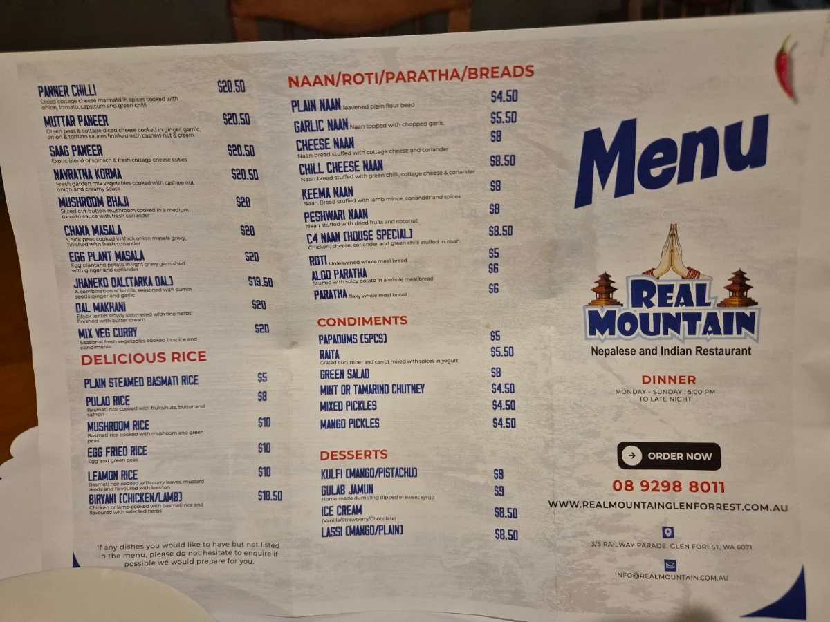Menu, Real Mountain Nepalese and Indian Restaurant
