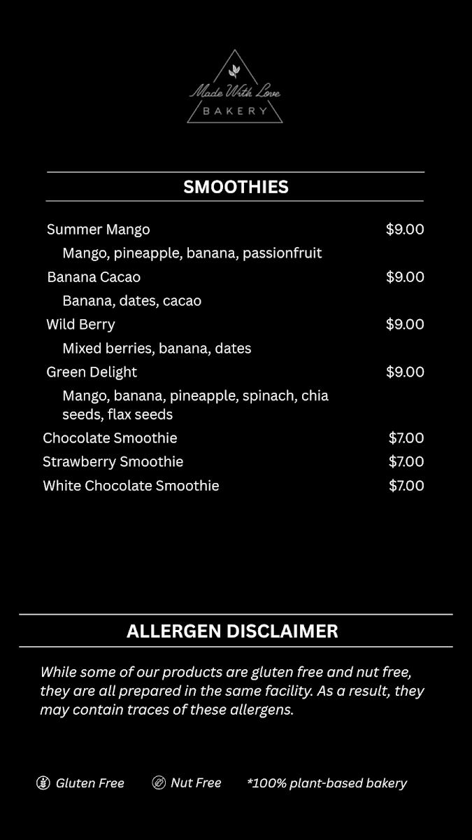 Menu, Made With Love Bakery