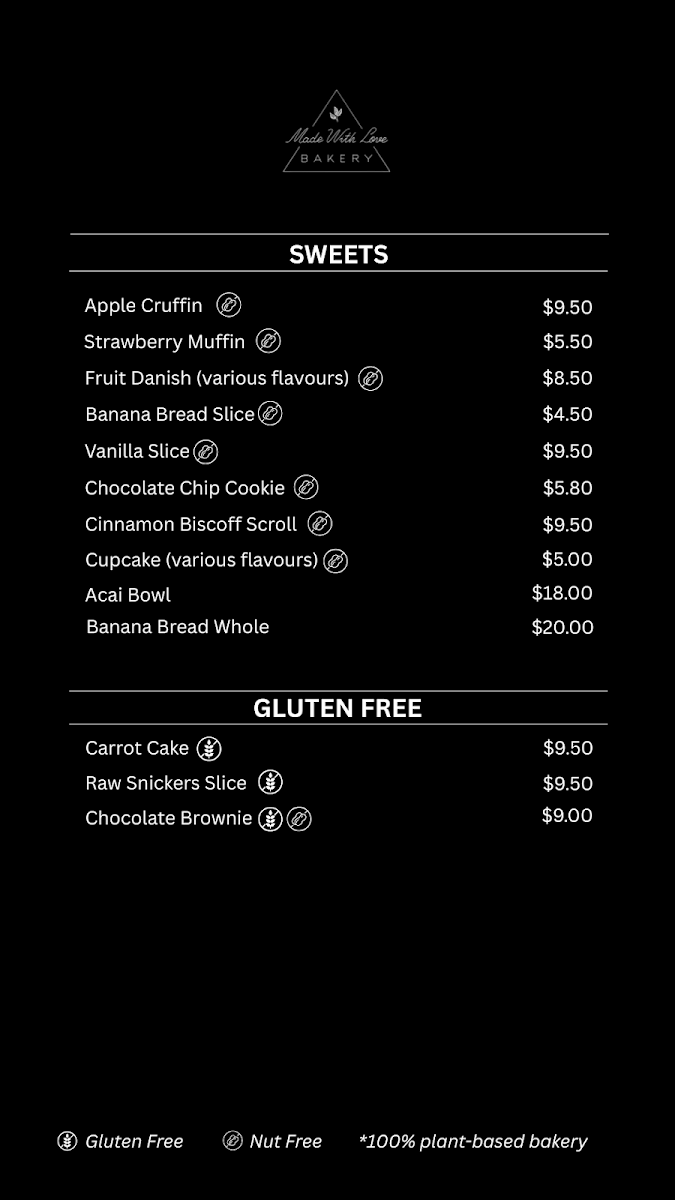 Menu, Made With Love Bakery