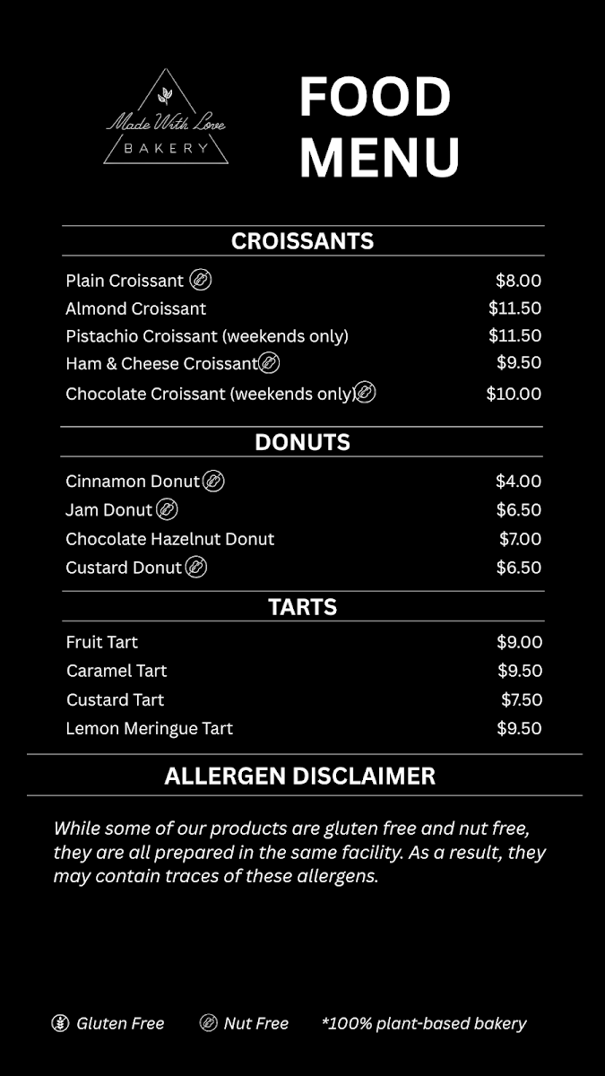 Menu, Made With Love Bakery