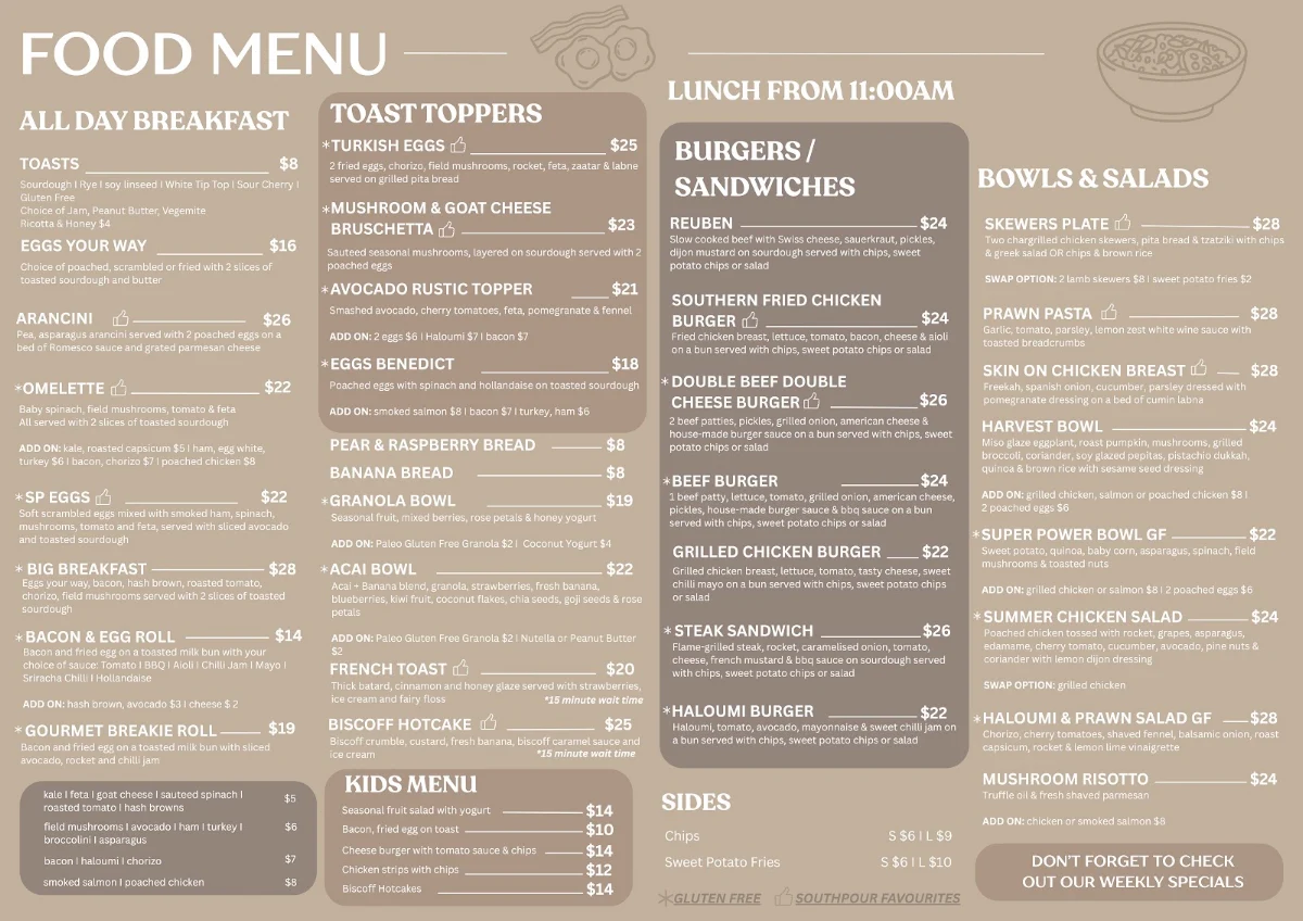 Menu, South Pour Sydney