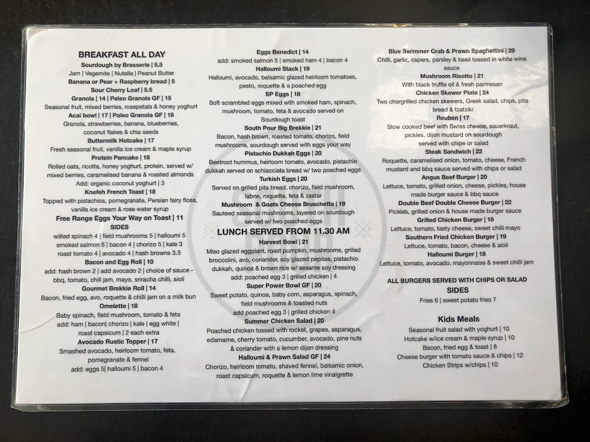 Menu, South Pour Sydney