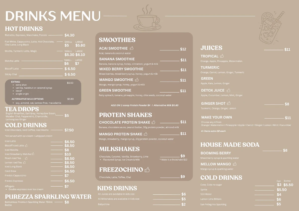 Menu, South Pour Sydney