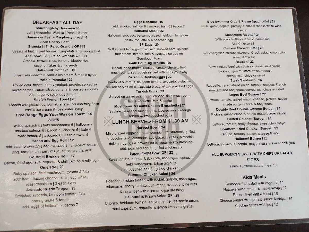 Menu, South Pour Sydney