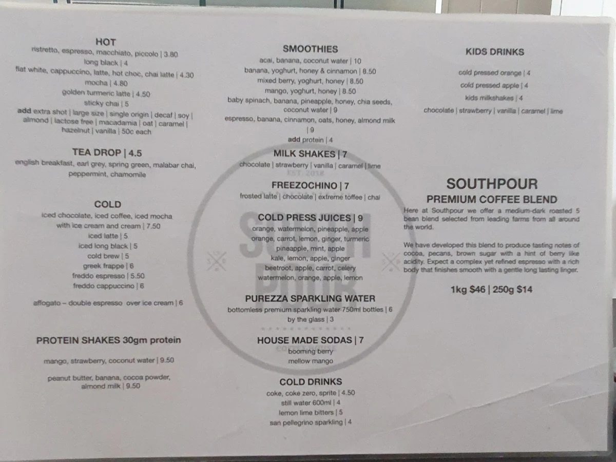 Menu, South Pour Sydney