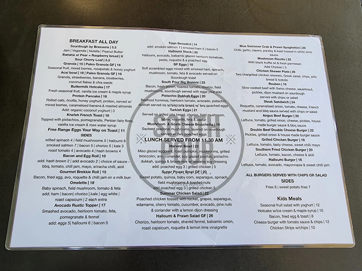 Menu, South Pour Sydney