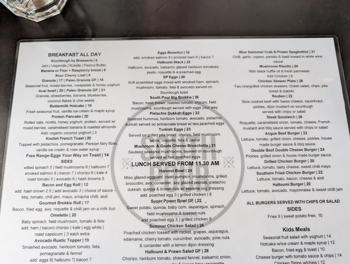 Menu, South Pour Sydney