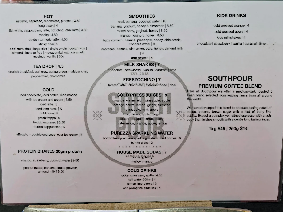 Menu, South Pour Sydney