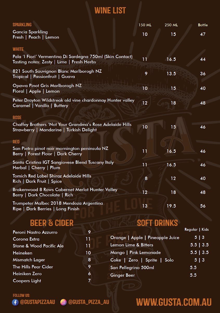 Menu, Gusta