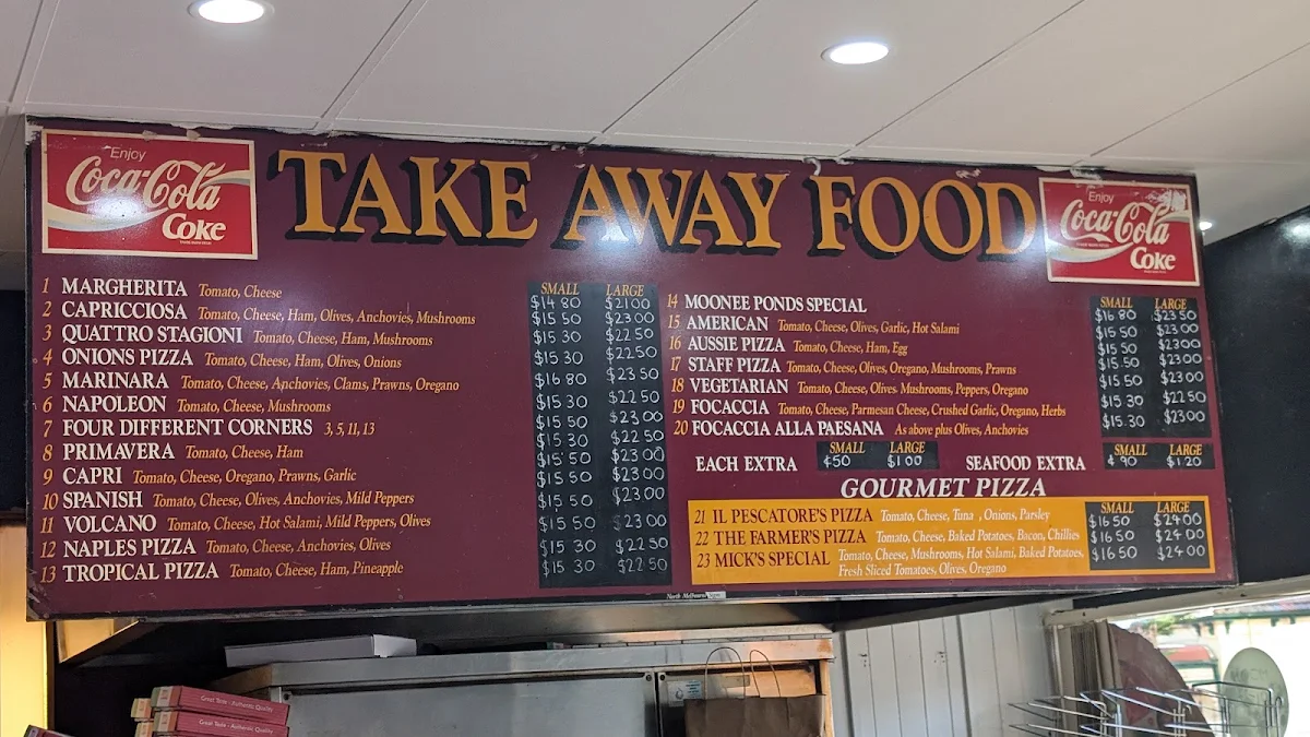 Menu, Moonee Ponds Pizza