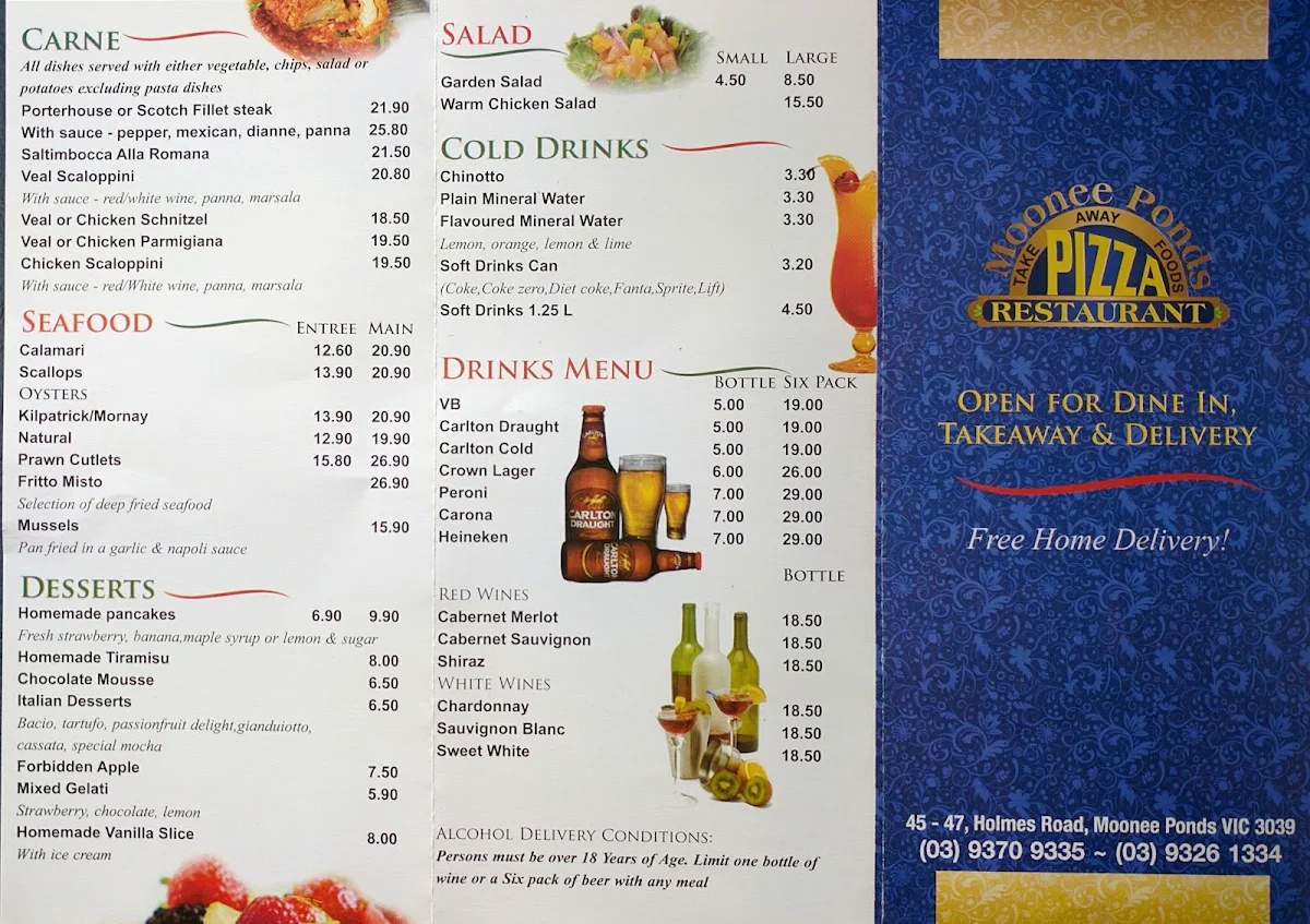 Menu, Moonee Ponds Pizza