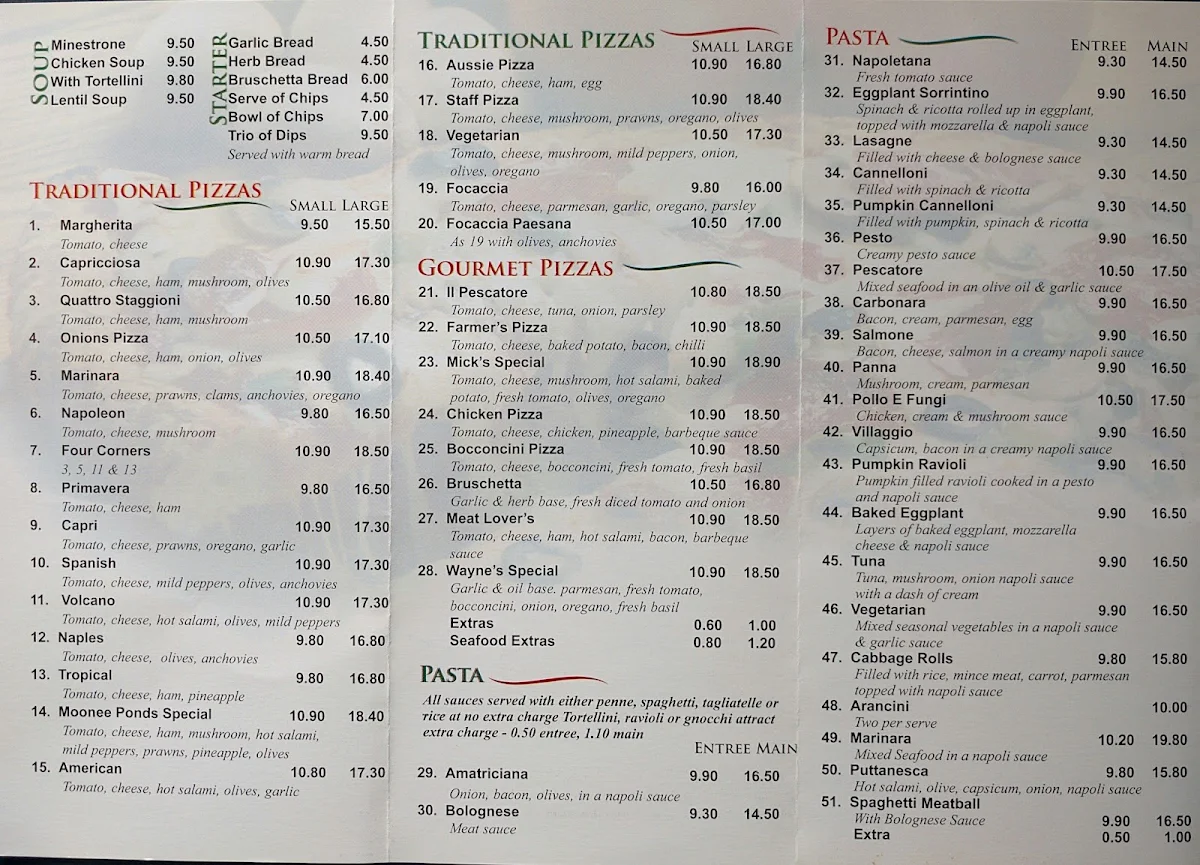 Menu, Moonee Ponds Pizza