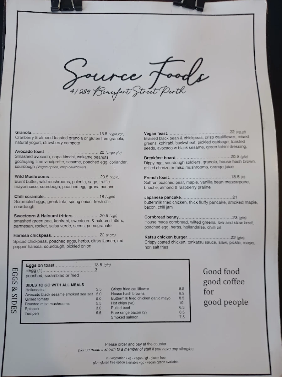 Menu, Source Foods