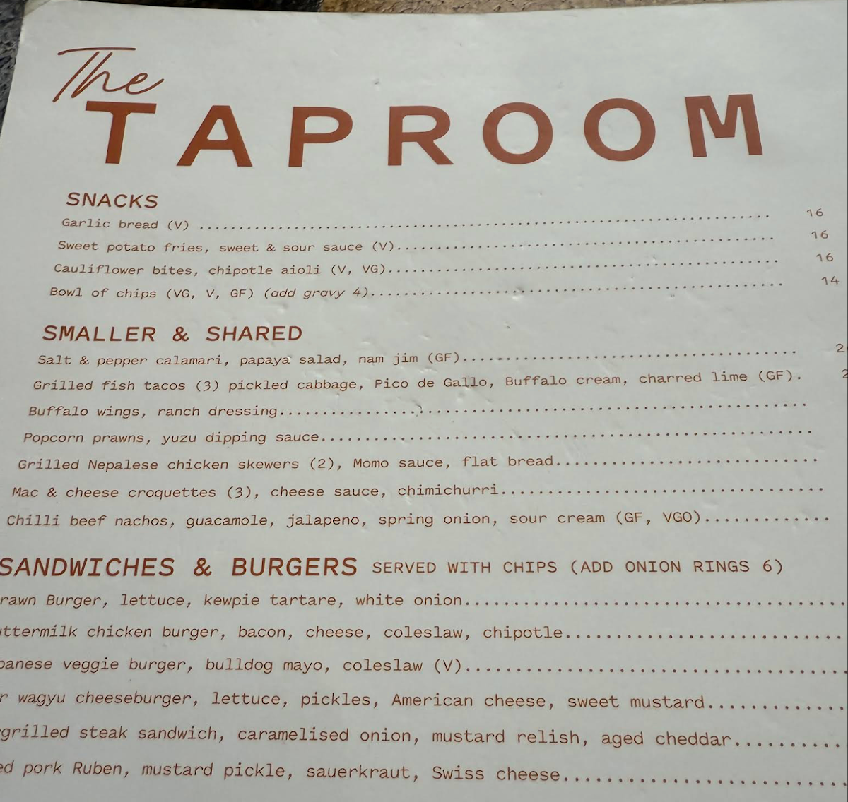 Menu, Century City Tavern