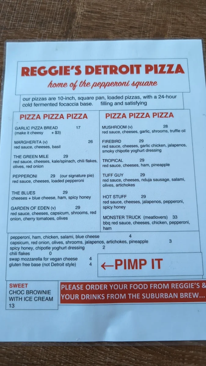 Menu, Reggie's Detroit Pizza