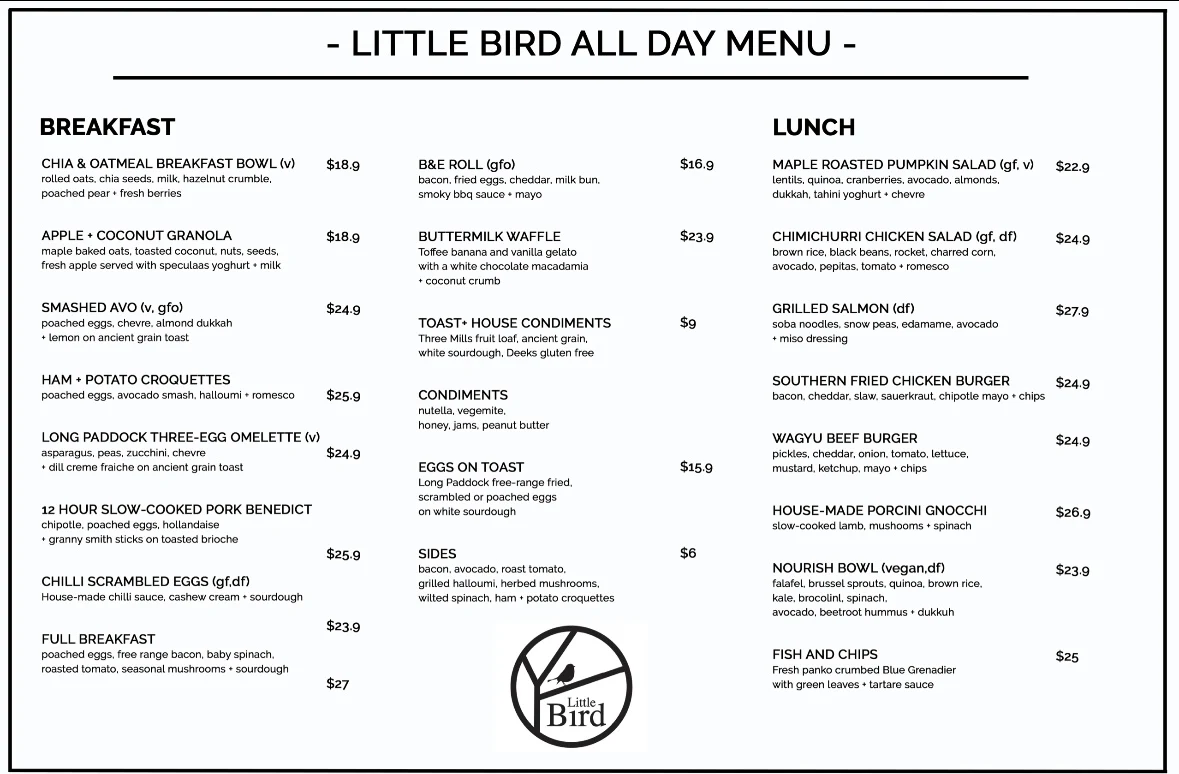 Menu, Little Bird