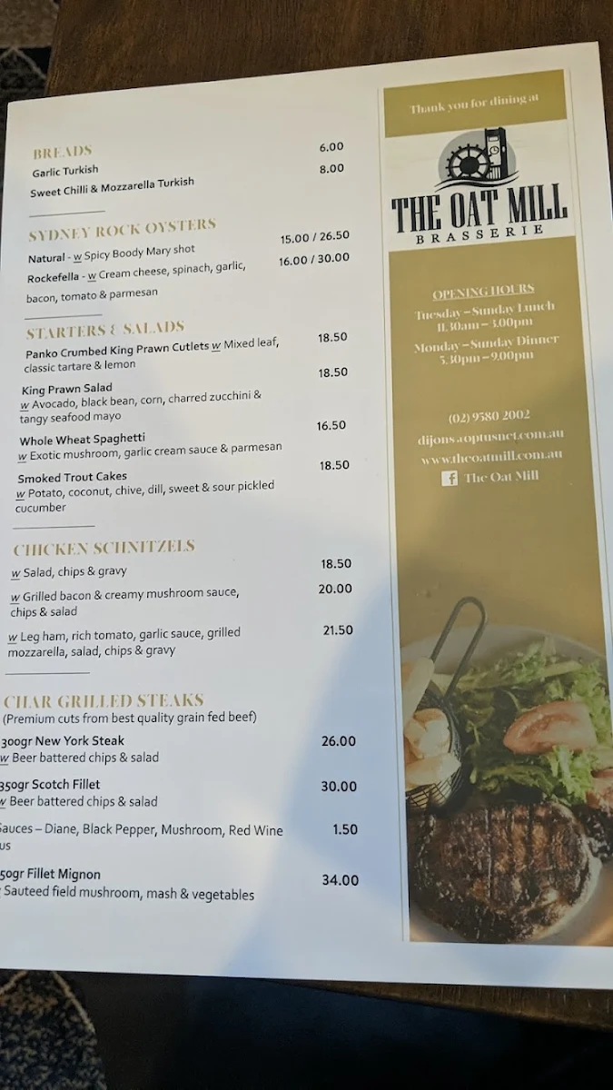 Menu, The Oat Mill