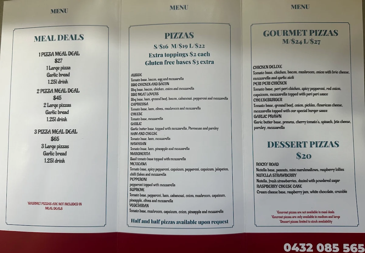 Menu, Callala Family Pizza