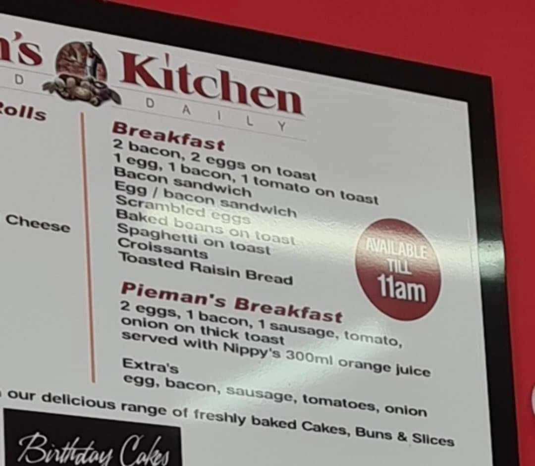 Menu, Pieman's Kitchen